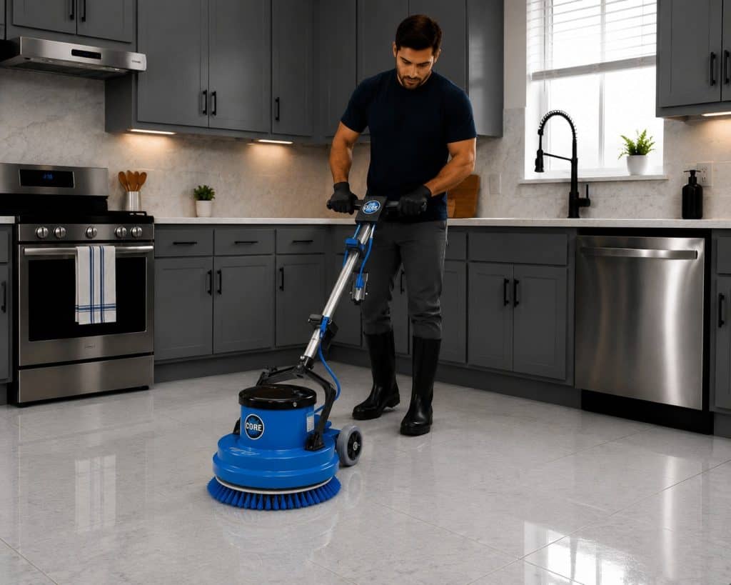 Man cleaning kitchen floor with industrial floor scrubber machine.