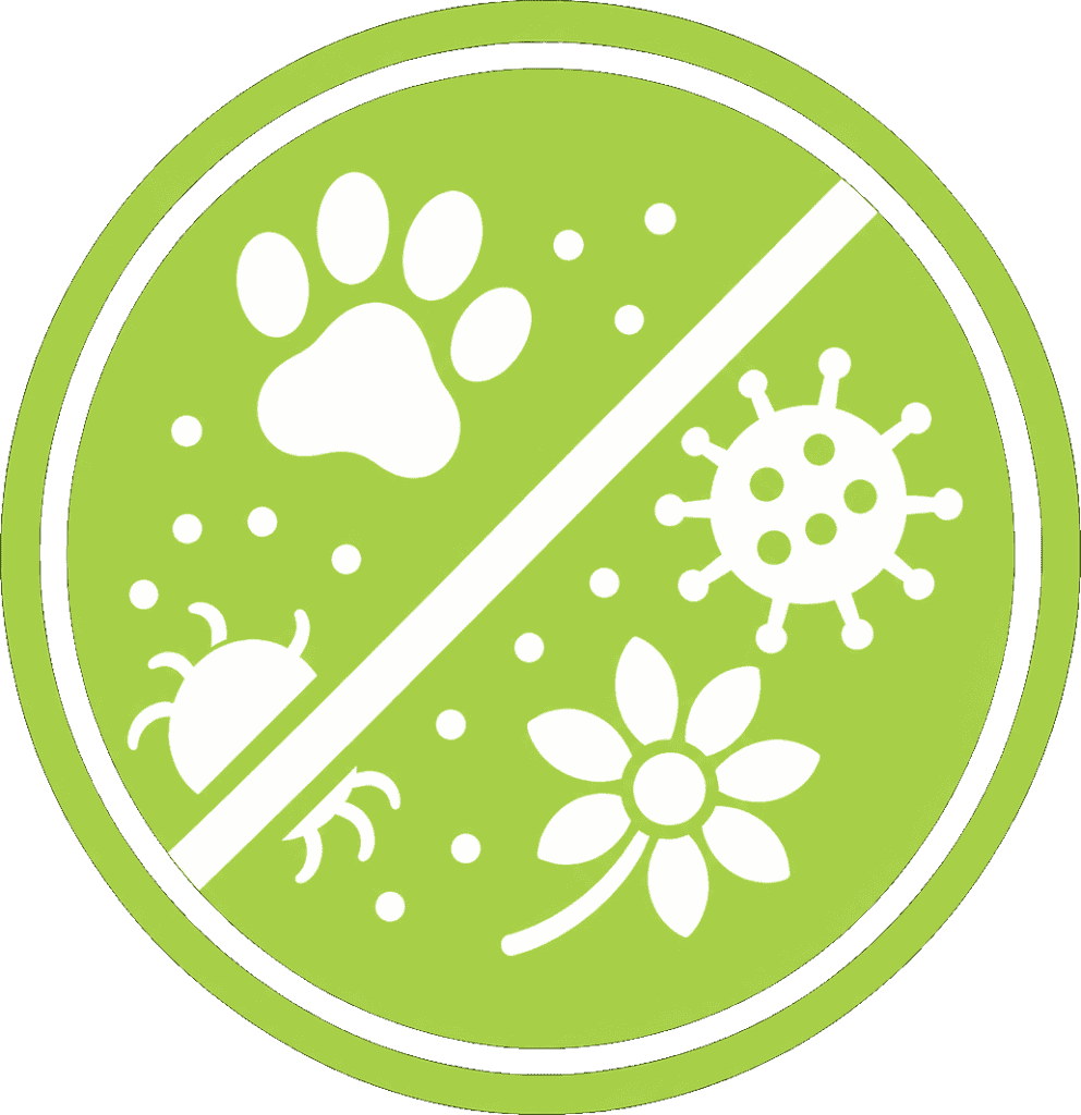 Eco-friendly carpet cleaning icon with pet, virus, and flower symbols.