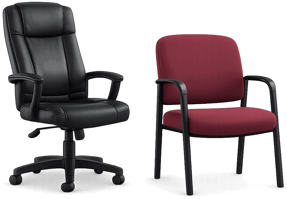 Two office chairs, one black leather executive chair and one red fabric guest chair.