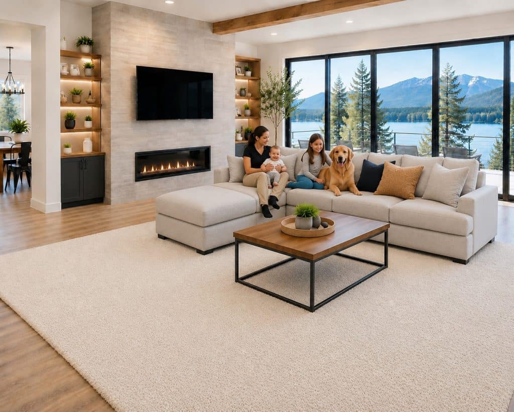 Spacious living room with large windows overlooking a lake and mountains, featuring a white sofa and.