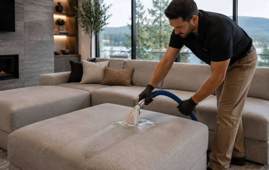 Man cleaning a fabric sofa with a professional upholstery cleaning machine.