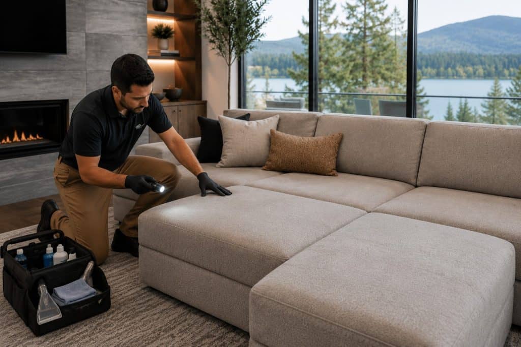 Technician cleaning a beige sectional sofa in a modern living room.