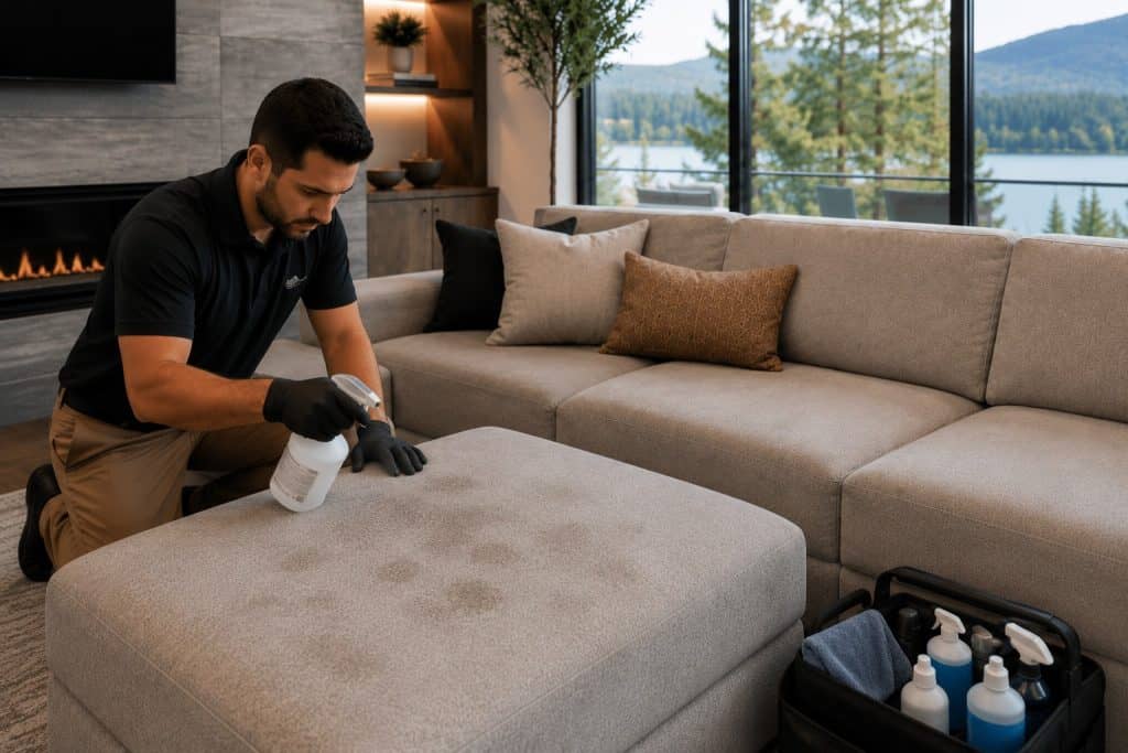 Technician cleaning a beige fabric sofa with professional equipment.