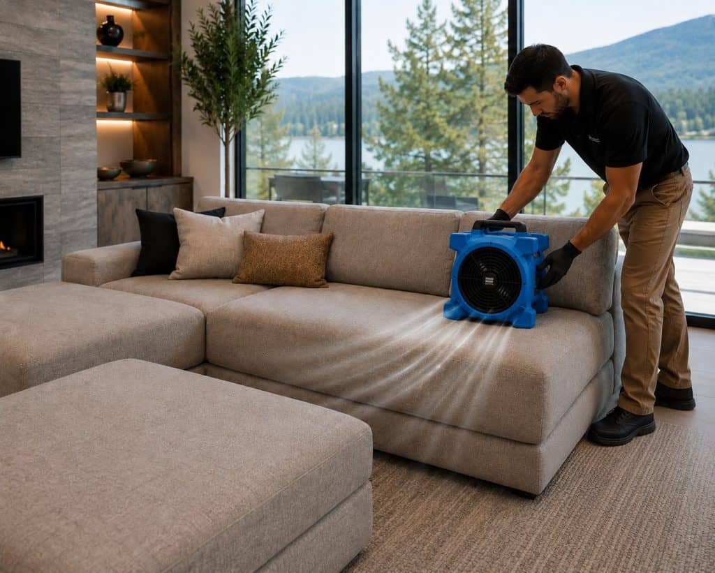 Professional upholstery cleaning with a portable machine in a modern living room.