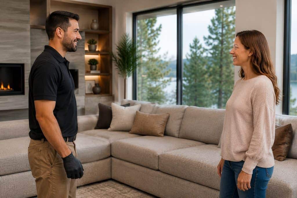Upholstery cleaning technician talking to a happy customer in a modern living room.