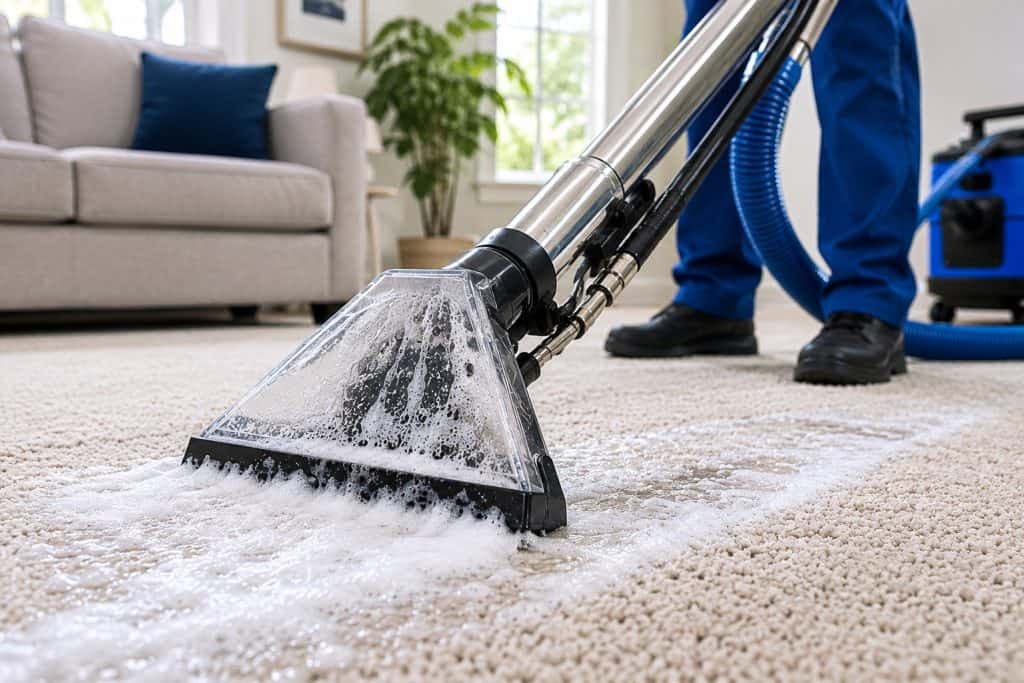Carpet cleaning with professional equipment in a modern living room.