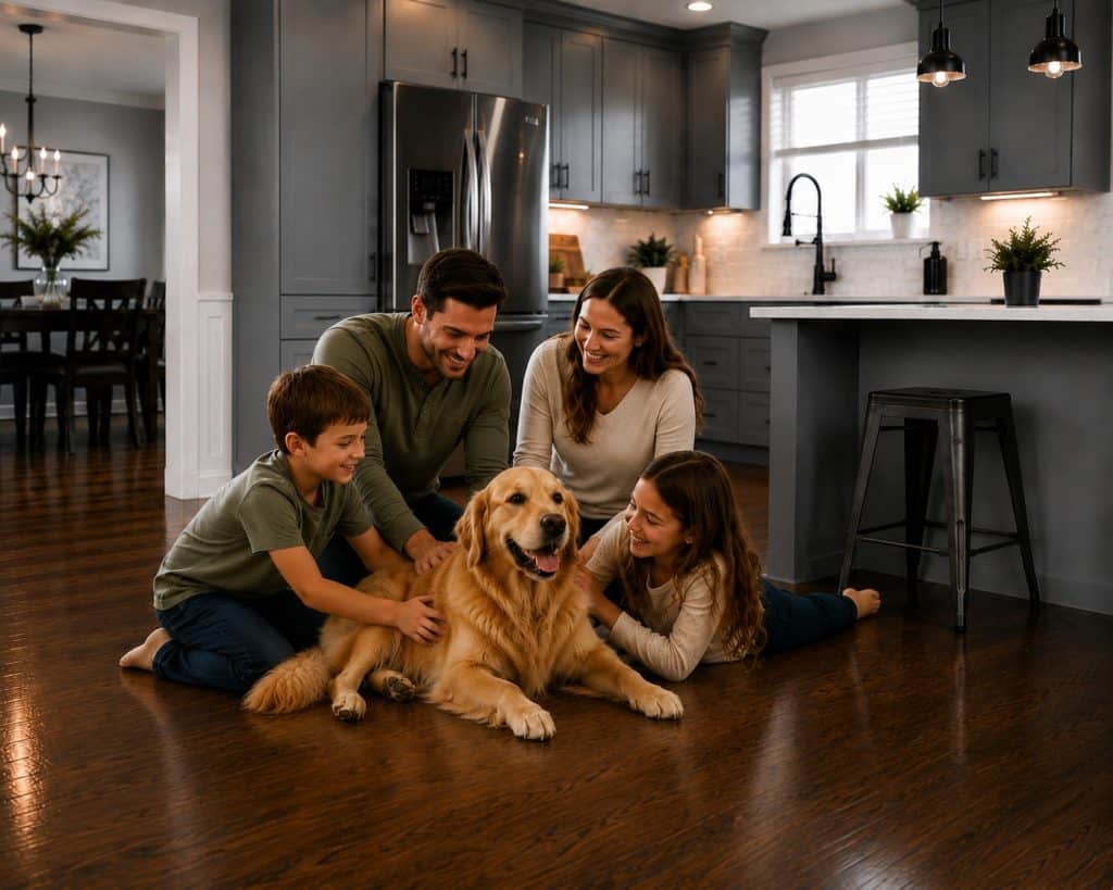 Happy family with dog on clean hardwood flooring in modern kitchen.