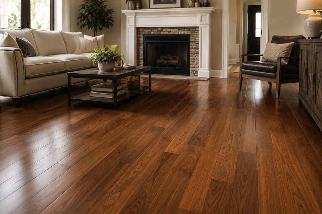 Clean and polished hardwood flooring in a living room setting.