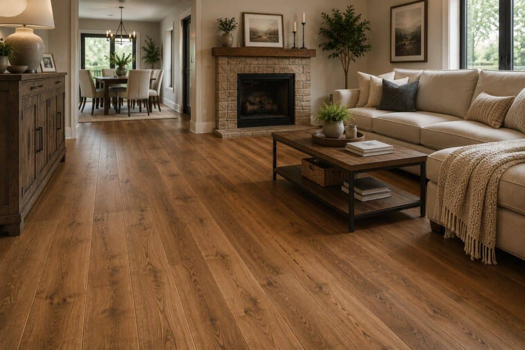 Clean and polished hardwood flooring in a living room setting.