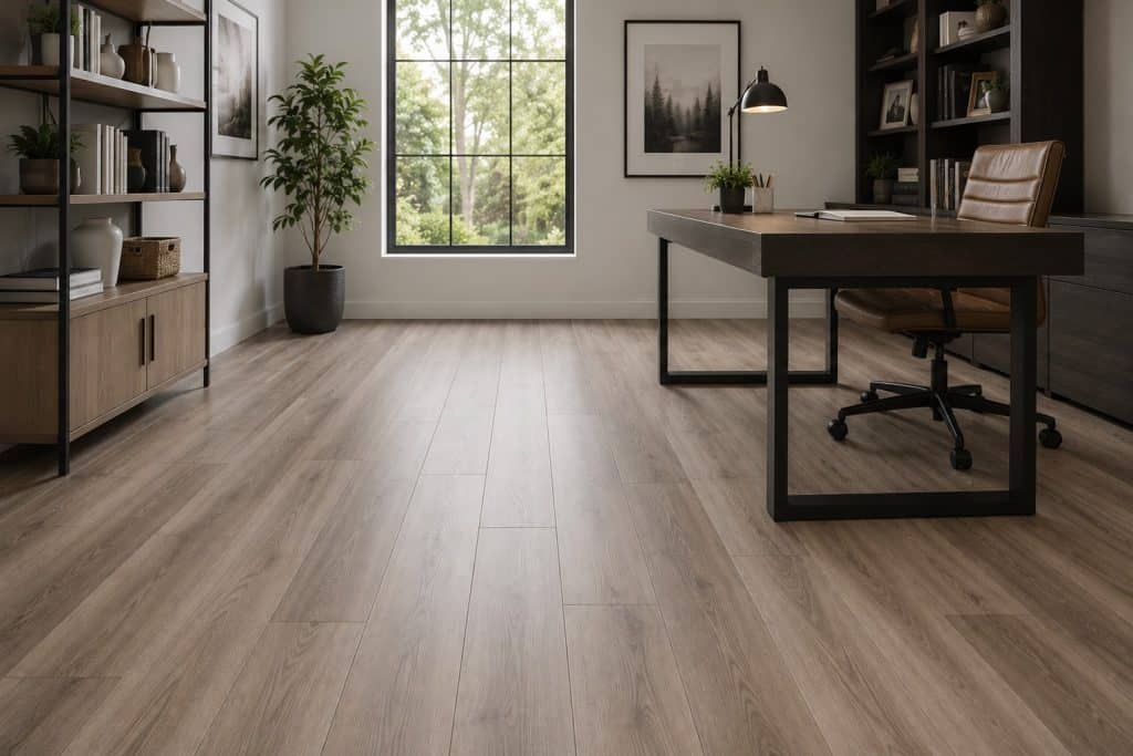 Clean and polished hardwood flooring in a modern office space.