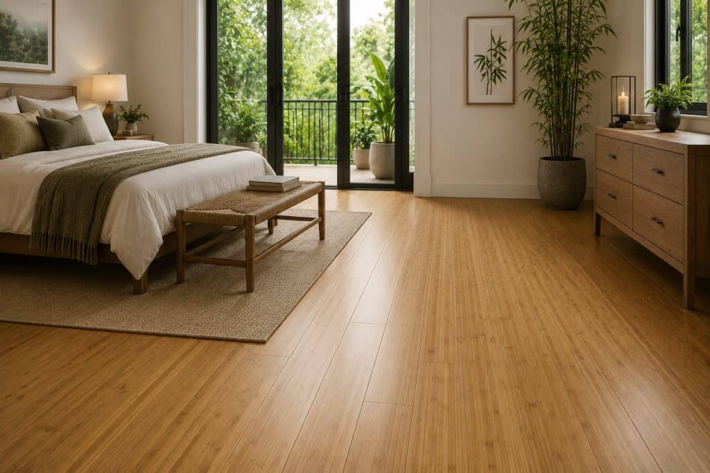 Clean and shiny hardwood flooring in a modern bedroom setting.