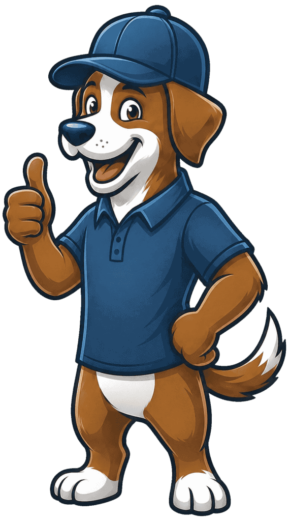 Friendly cartoon dog mascot in a blue cap and shirt giving a thumbs up.