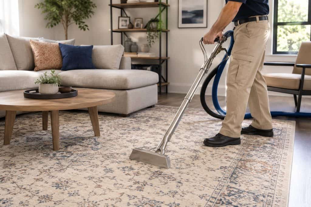 Technician cleaning area rug in modern living room for fresh look.