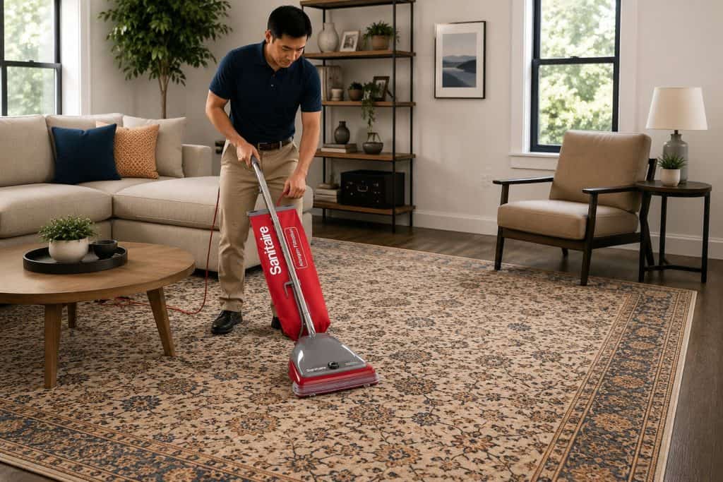 Man cleaning a large area rug with a vacuum cleaner in a modern living room.