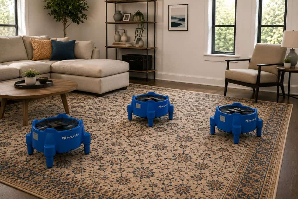 Three blue carpet cleaning machines on a patterned area rug in a modern living room.