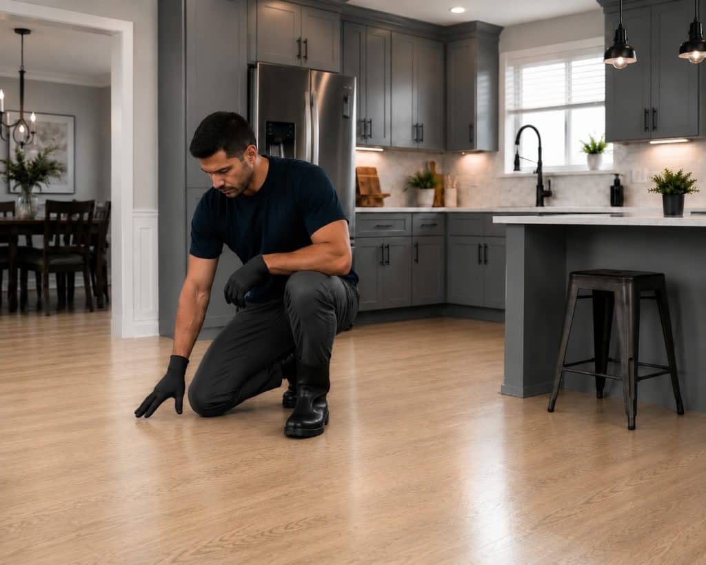 Professional cleaning of hardwood floors in modern kitchen setting.