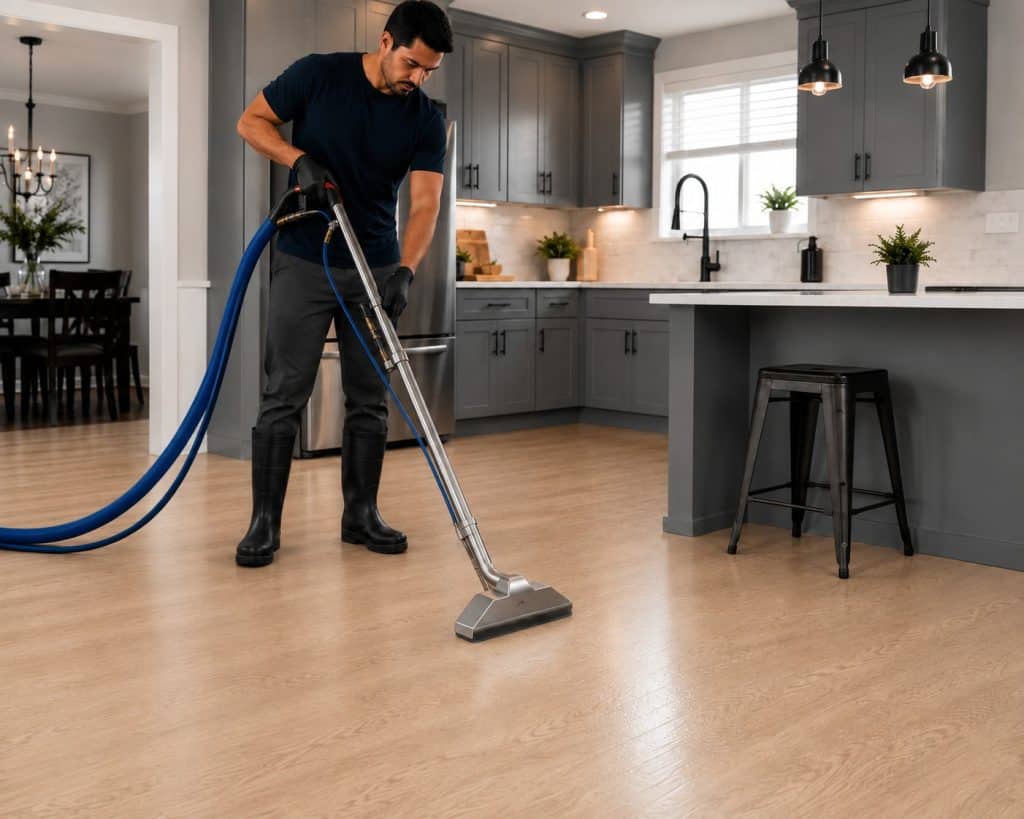Professional cleaner vacuuming hardwood floor in modern kitchen.