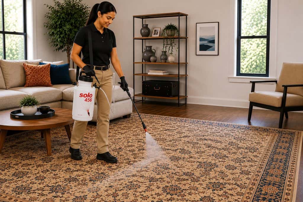 Woman using carpet cleaning machine in living room for deep cleaning.