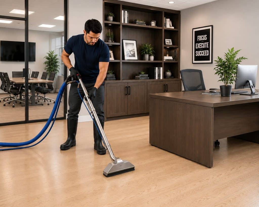 Man cleaning office carpet with professional equipment.