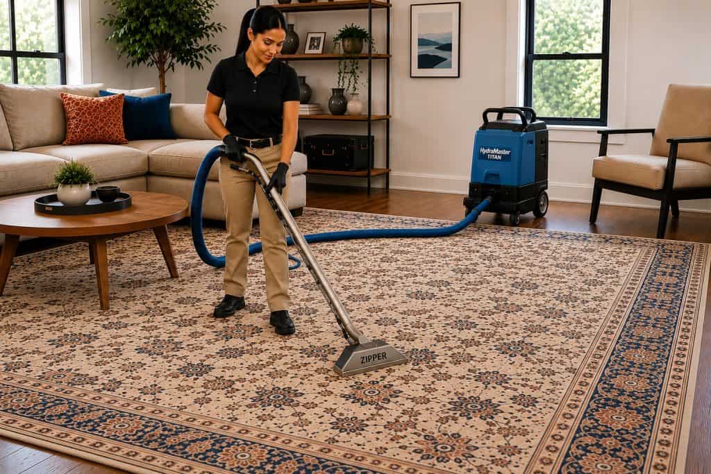 Technician cleaning area rug with industrial carpet cleaner in living room.