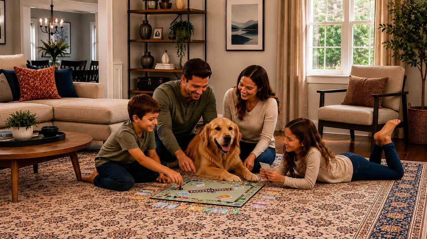 Happy family playing board game on clean, plush carpet in living room.