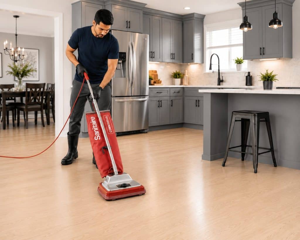 Professional hardwood floor cleaning in modern kitchen by Carpet Rescue Pro.