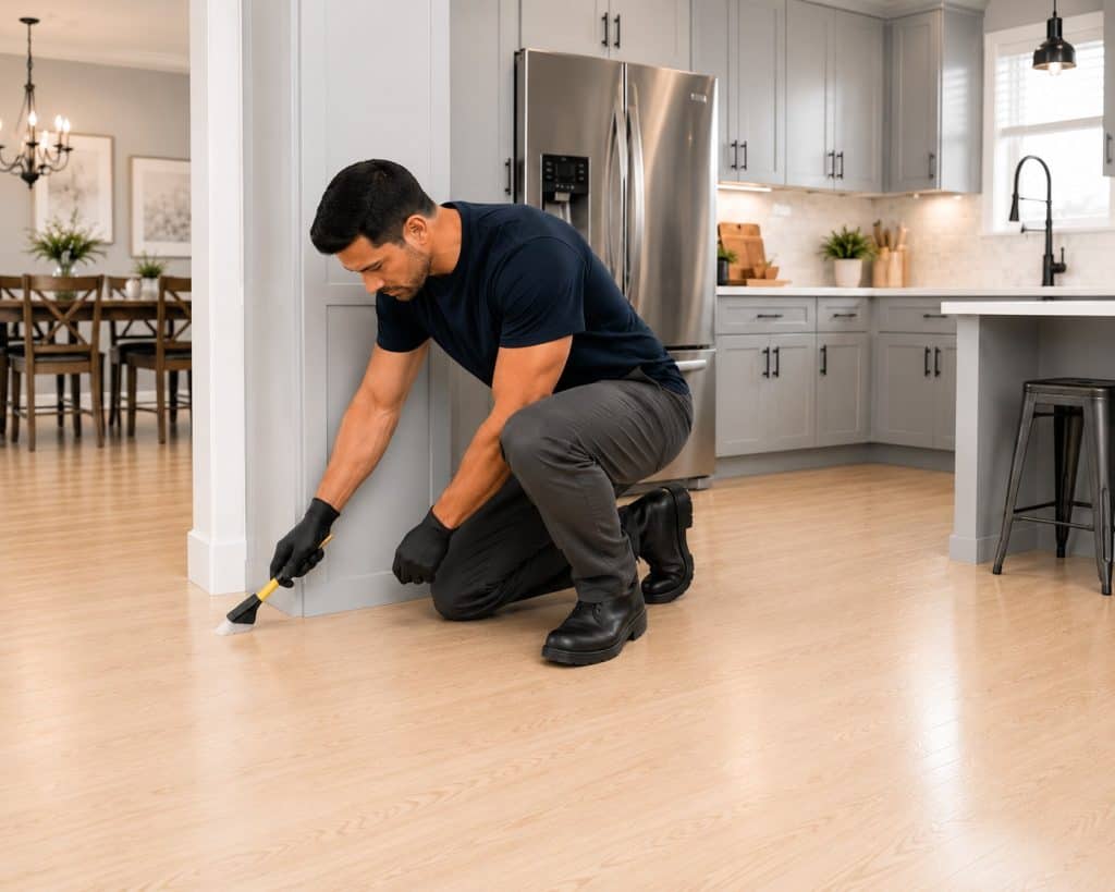 Professional hardwood floor cleaning by Carpet Rescue Pro technician in modern kitchen.