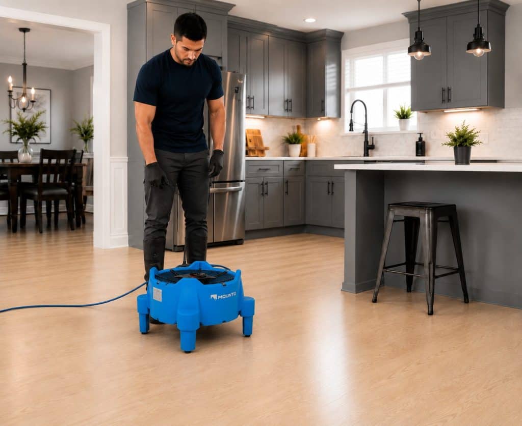 Man using carpet cleaning machine in kitchen with hardwood flooring.