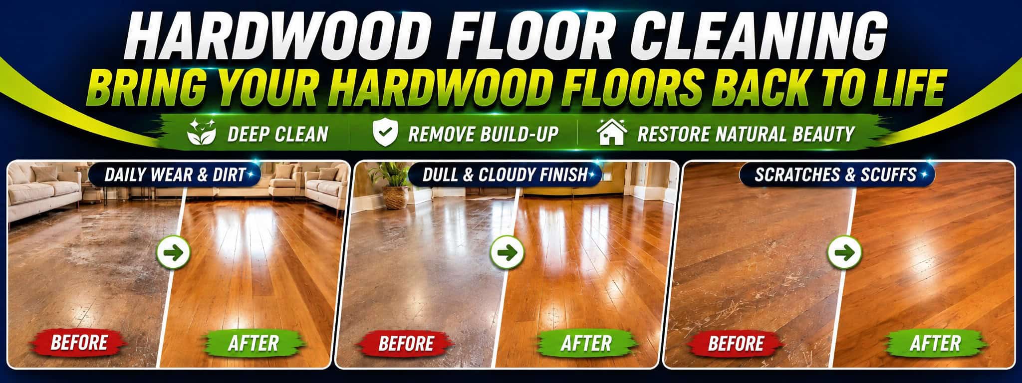 Professional hardwood floor cleaning before and after images.