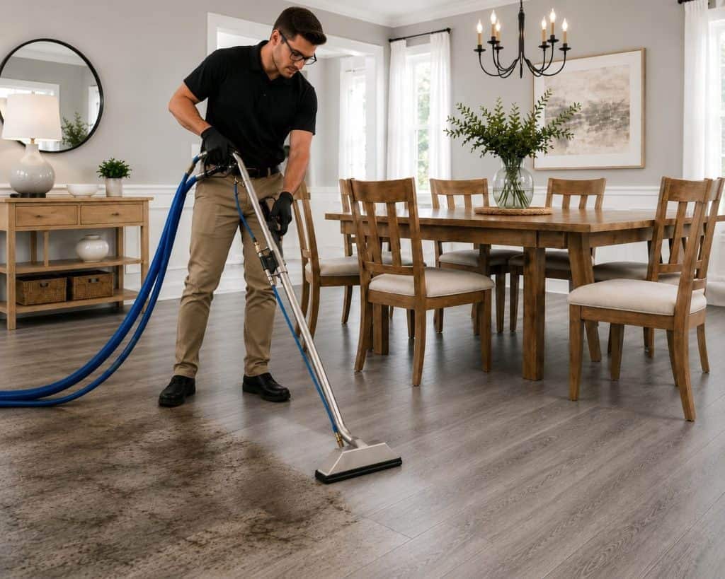 Man cleaning carpet in dining room with vacuum cleaner.