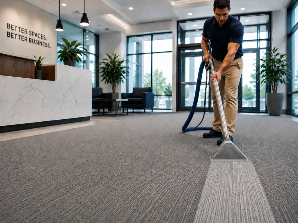Professional carpet cleaning in a modern office space with industrial vacuum equipment.