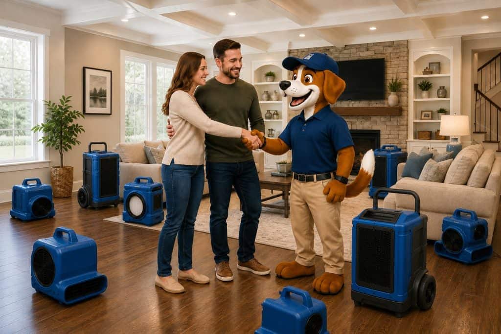 Happy couple shaking hands with mascot in a living room with water extraction equipment.