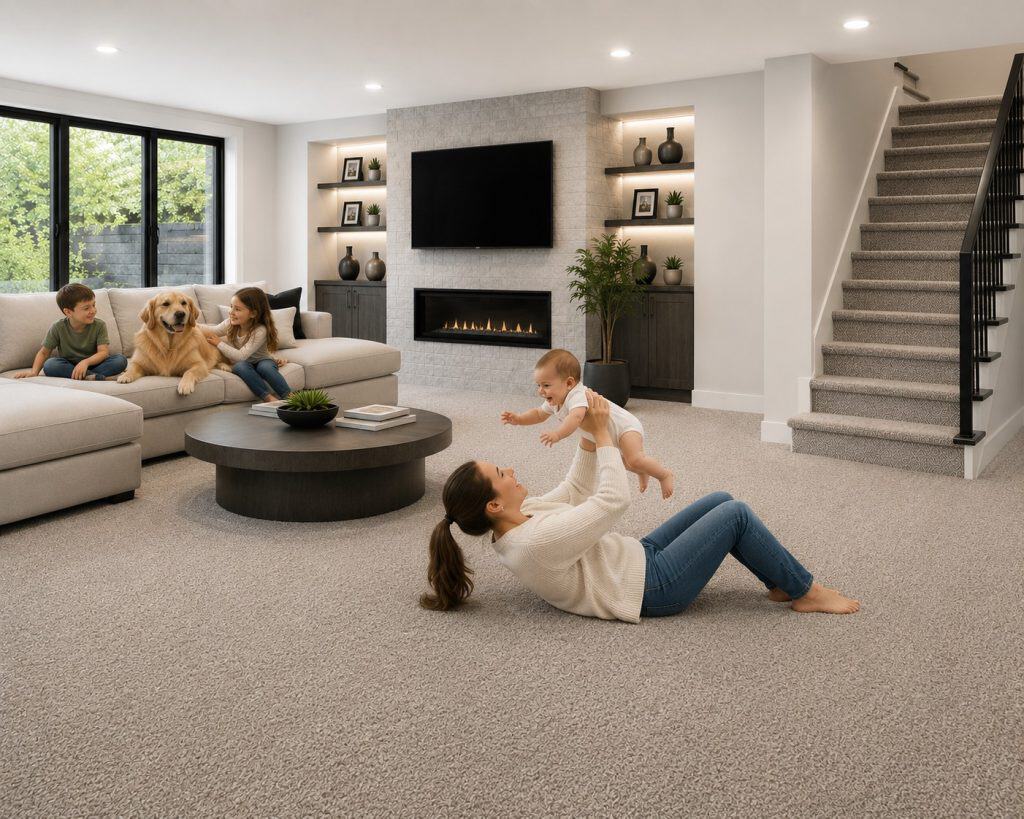 Family enjoying a clean, plush carpet in a modern living room.