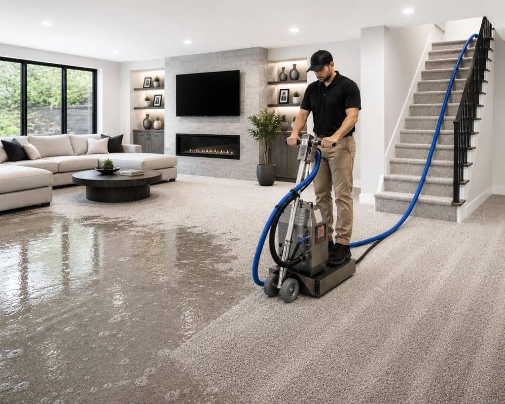 Professional water extraction from carpet in contemporary living room.