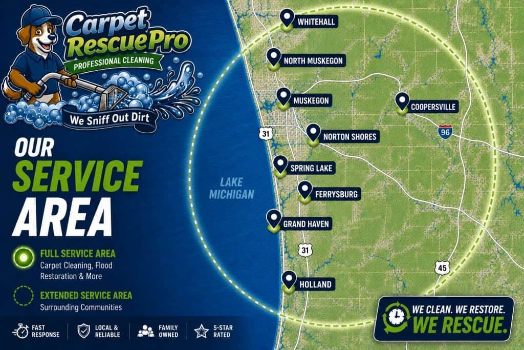 Map showing Carpet Rescue Pro service areas around Lake Michigan.