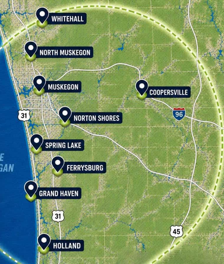 Map showing service areas including Whitehall, North Muskegon, Muskegon, and others.