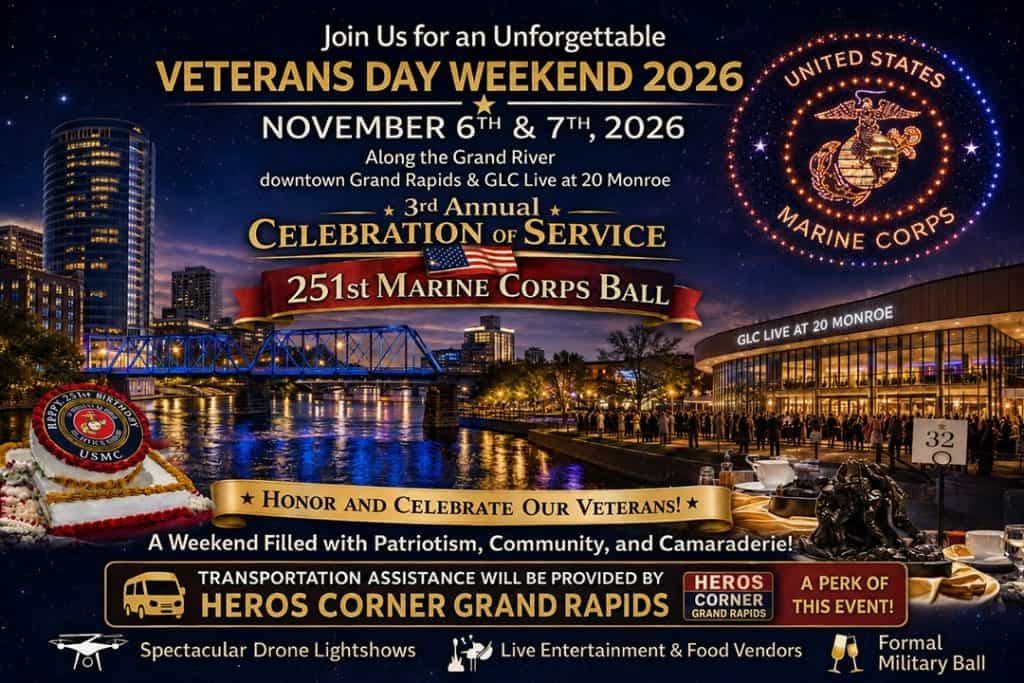 Veterans Day 2026 celebration with Marine Corps logo and city skyline.