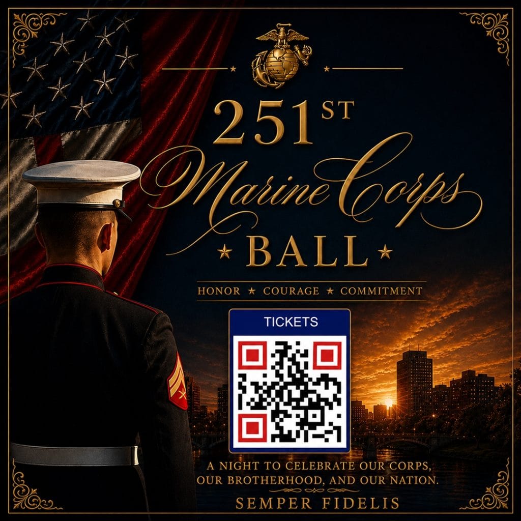Marine Corps officer at 251st Marine Corps Ball with city sunset background.