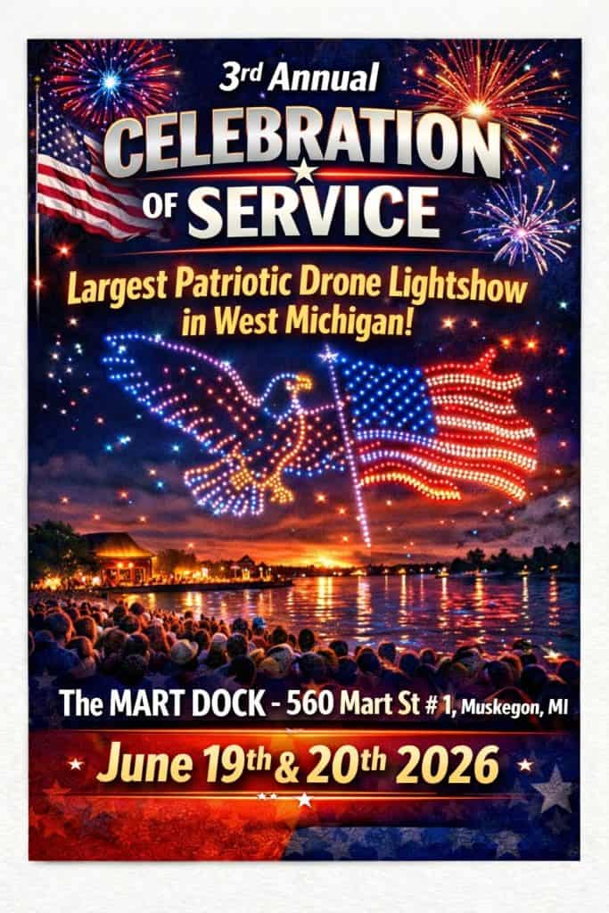 Patriotic drone lightshow over Muskegon Lake during Celebration of Service event.
