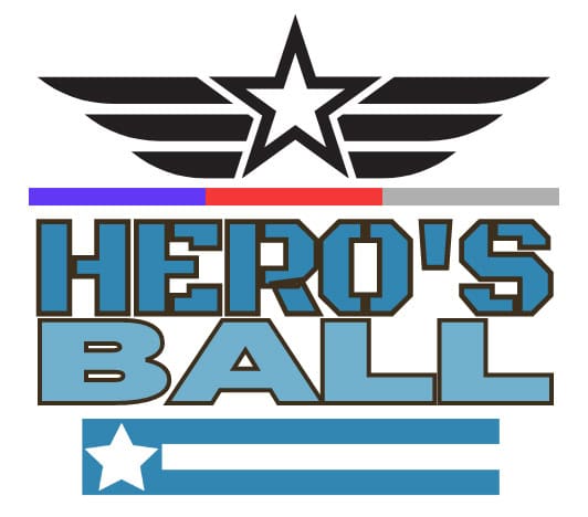 Hero's Ball logo featuring star and winged emblem with blue stripes.