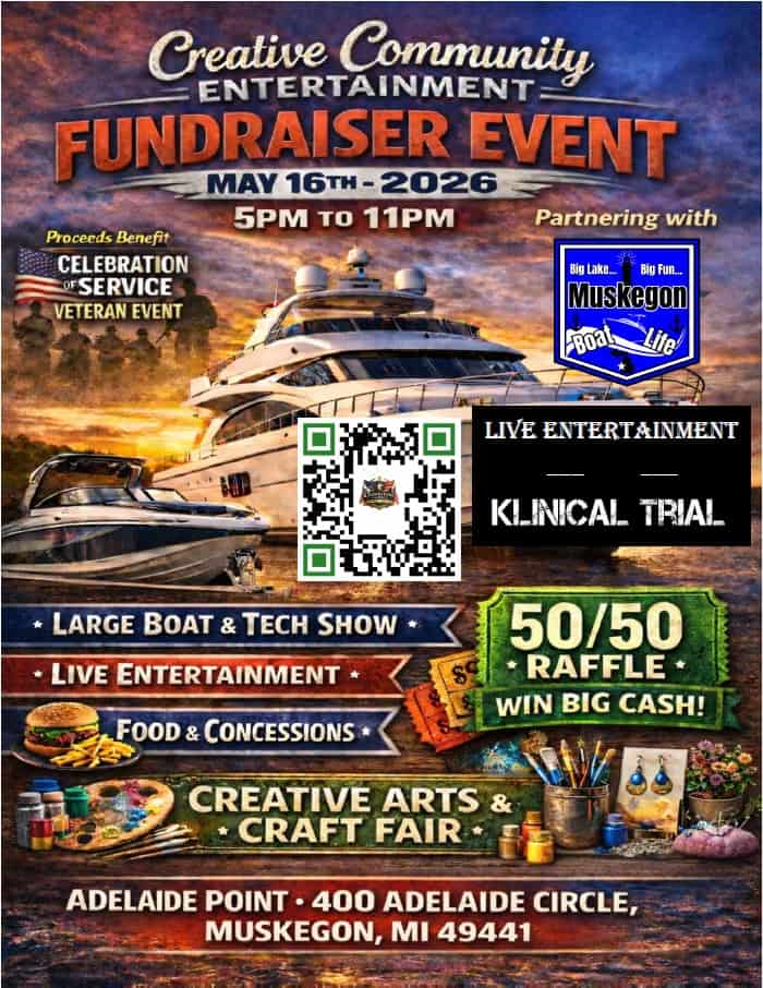 Yacht at sunset with event details for fundraiser in Muskegon, MI.