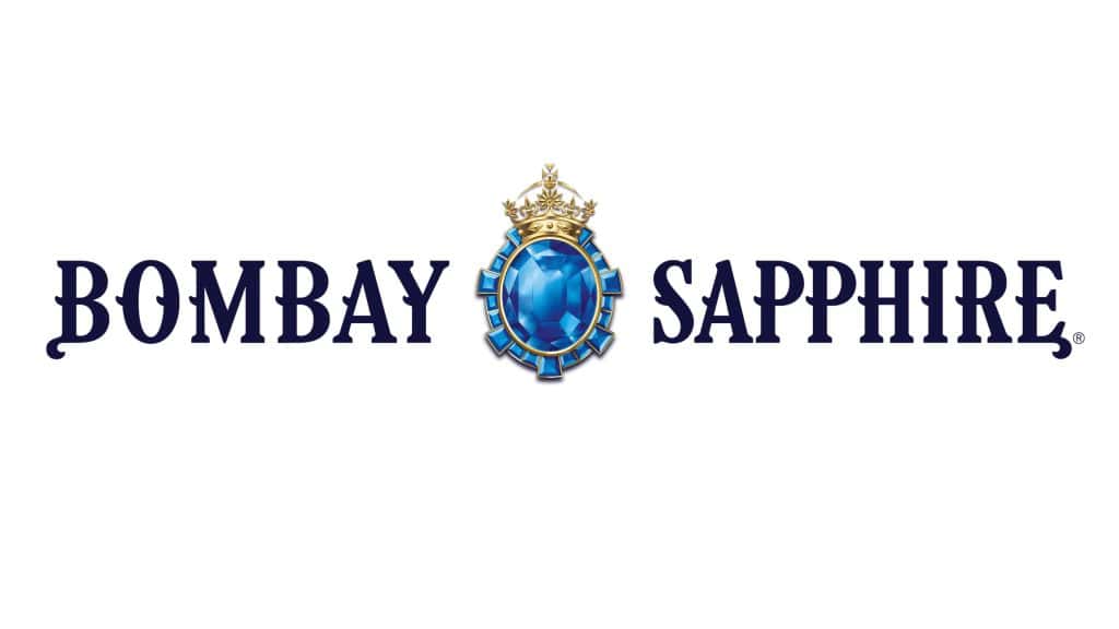 Close-up of Bombay Sapphire gin bottle with blue glass and silver cap.