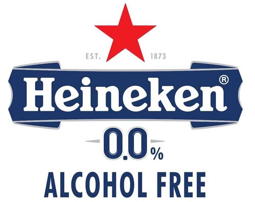 Heineken 0.0% alcohol-free beer logo with red star and blue banner.