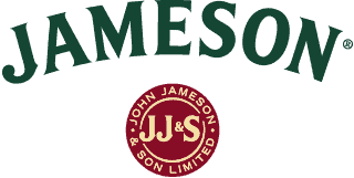 Close-up of Jameson Irish Whiskey bottle and logo on a dark background.
