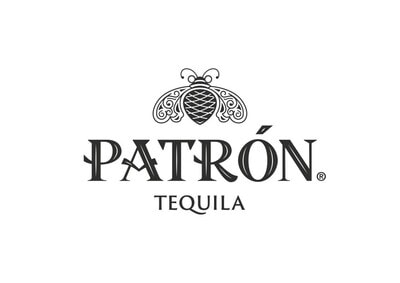 Patrón tequila logo with intricate bee design and elegant font.