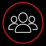 Simple team collaboration icon with three figures inside a red circle on black background.