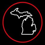 Neon sign of Michigan state map with red circle outline, modern wall decor.