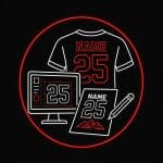 Neon sign illustration of a sports jersey with customizable name and number, alongside a digital des.