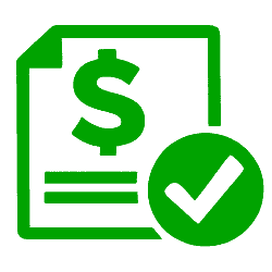 Green financial approval icon with dollar sign and checkmark for website renaming services.