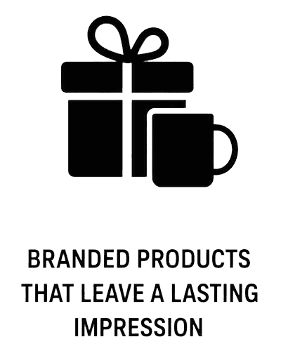Icon of a gift box and mug representing branded products for lasting impressions.